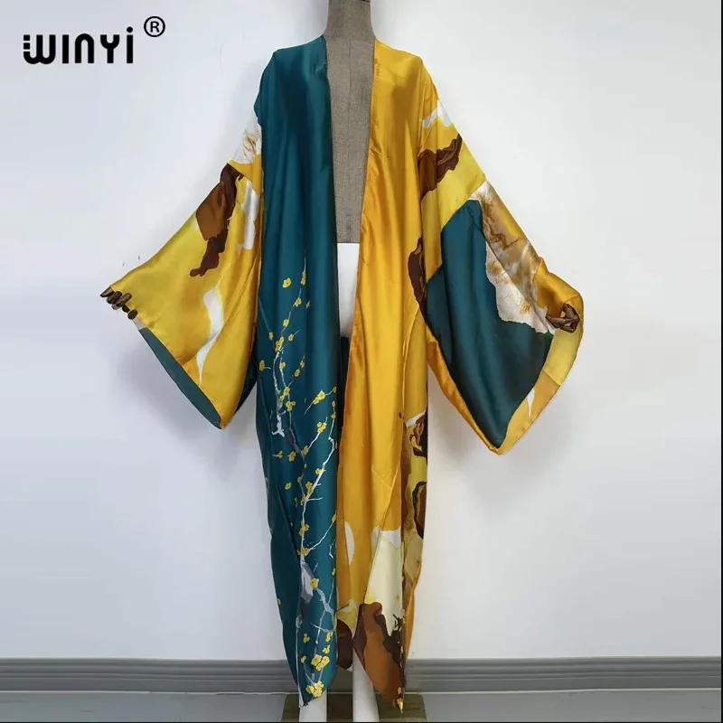 WINYI Catwalk Kimono Women Printed Bubble 2026 Coat Long Sleeve Cardigan Abaya Dubai Luxury Beachwear Cover Up Boho Dress Caftan