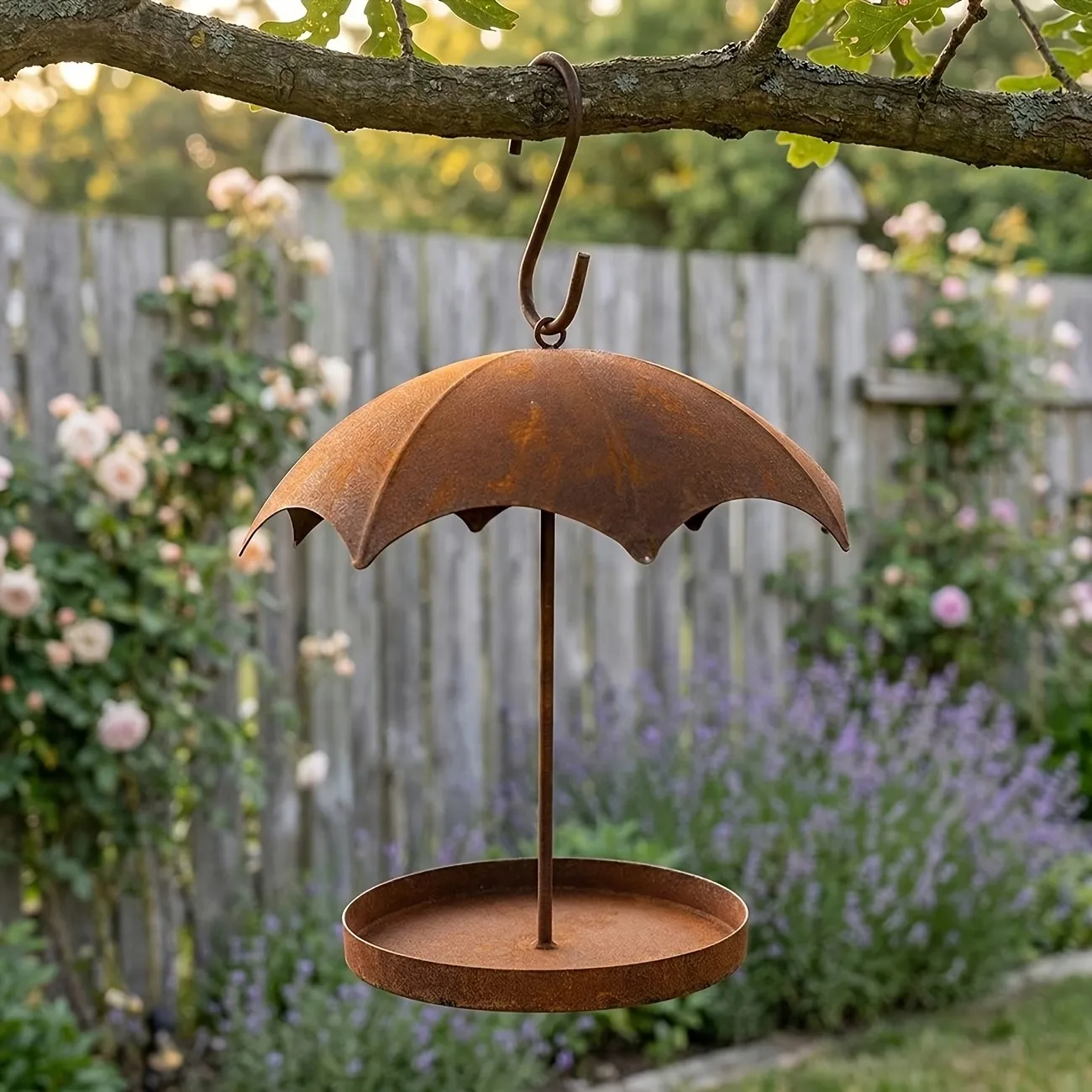 Rustic Hanging-Style Birdhouse Outdoor Metal Feeder with an Umbrella-Shaped Dome Animal Feeding Tray