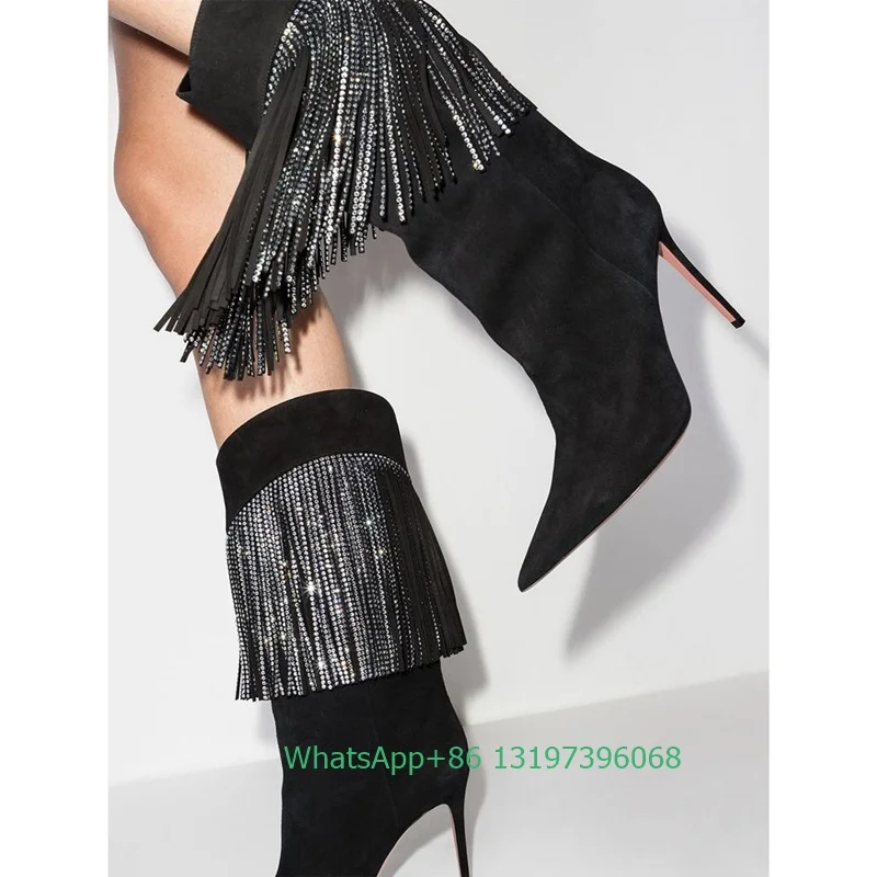 Lady black rhinestone tassels suede calf boots pointed toe stiletto heel tassels design bling demand boots high heels summ fall