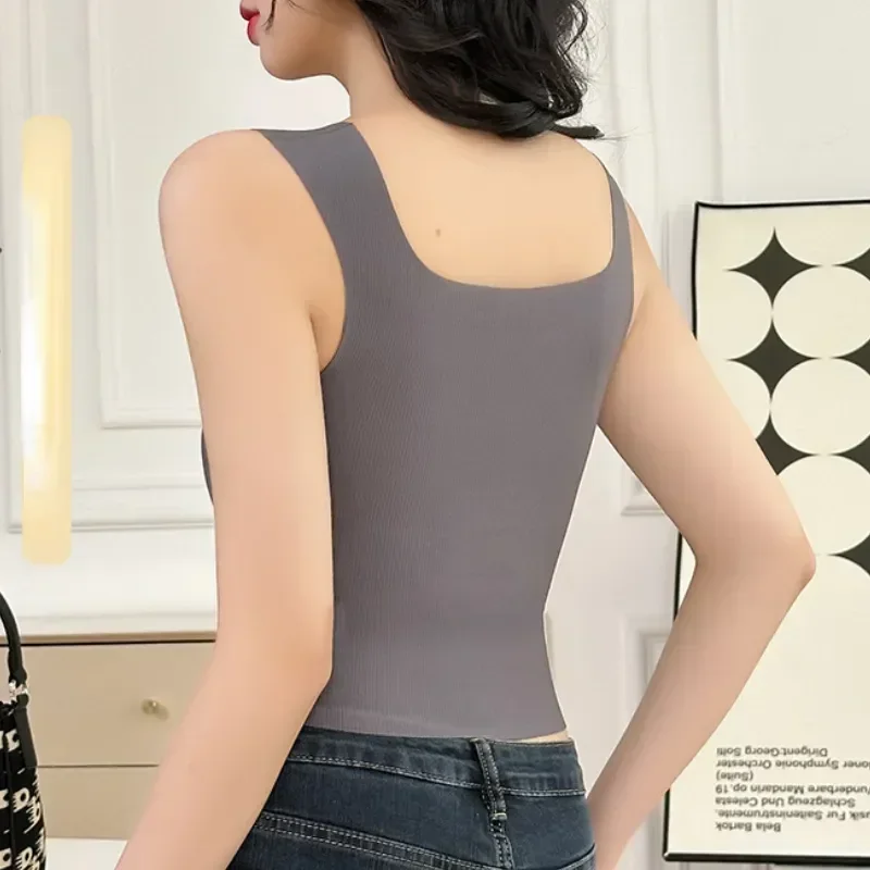 Fixed Seamless Wide Tops Cup Solid Women's Threaded Square New Shoulder Beautiful Camisole One-piece Back Neck Vest Casual