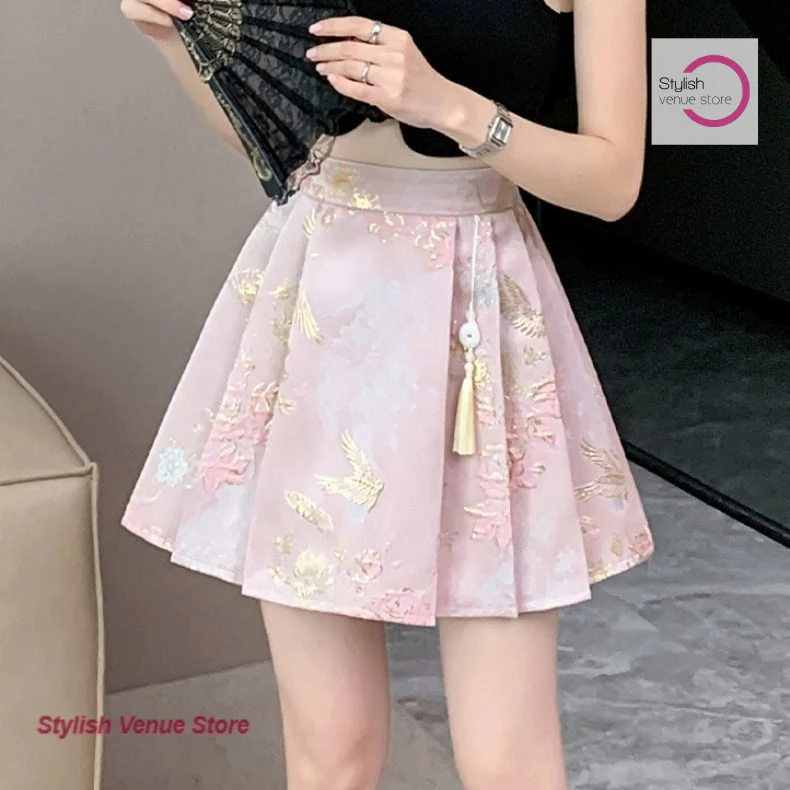 

Новая китайская модная женская юбка из усовершенствованного атласного жаккарда с плиссировкой в национальном стиле для весны и лета