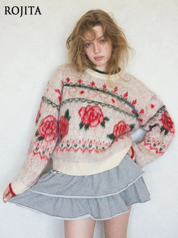 

Japanese-style Sweet Rose Flower Bow Vintage Jacquard Pullover Loose Women's Sweater Round Neck Pullover Sweater