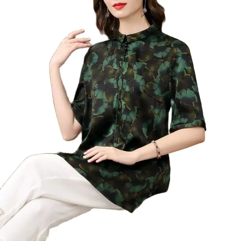 BirdTree 92%Real Silk Elegant Shirt For Women, Short Sleeve Stand, Vintage Printed OL Commute Blouse, 2024 Spring New T42289QC