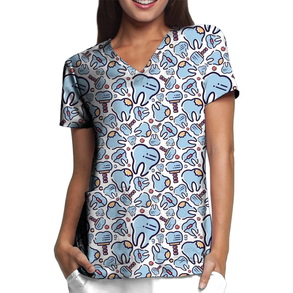 Women's Scrub Tops Teeth Printed Nurse doctor Nursing Uniform Dentist Vet Clinic Surgical Blouse medical T-shirt Women  ﻿