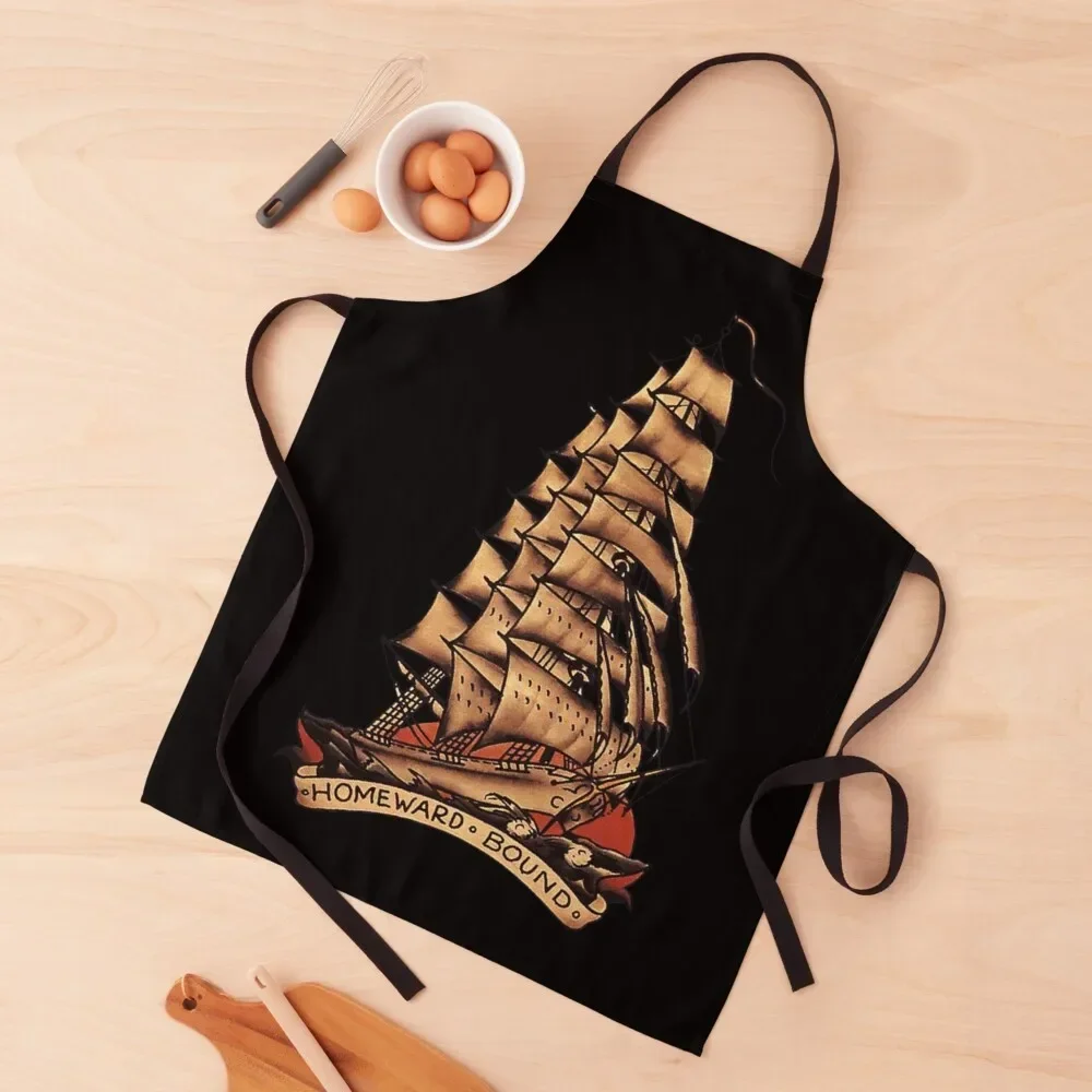 

Homeward Bound Traditional Sailing Ship Tattoo Apron for women with pocket Things For Home And Kitchen Apron