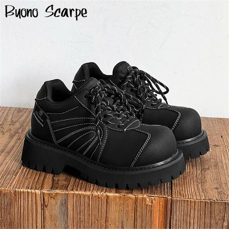 

Unisex Style Sewing Round Toe Thick Sole Platform Chunky Heels Men Women Pumps Large Size Fashion New Western Punk Derby Shoes