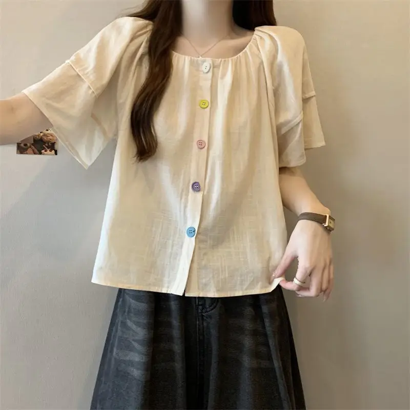 Summer New Korean Solid Color Loos Blouse Short Sleeve O-neck Pleated Simplicity Sweet Shirt Tops Fashion Casual Women Clothing