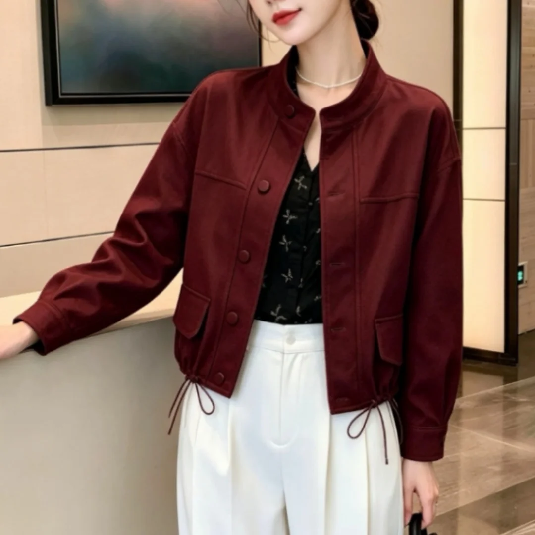 Damen Herbstjacke mit Stehkragen, kurze, dünne, elegante, schlichte Arbeitskleidung, lässiger Langarm-Crop-Top, lockerer Mantel, modisch, einfarbig – Detail 3