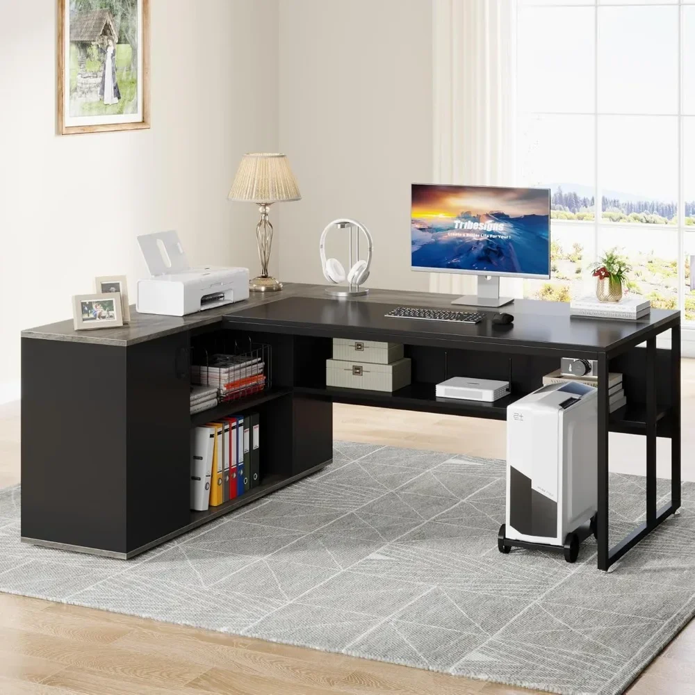 71 inch Executive Desk, L Shaped Desk with Cabinet Storage, Executive Office Desk with Shelves, Business Furniture Desk