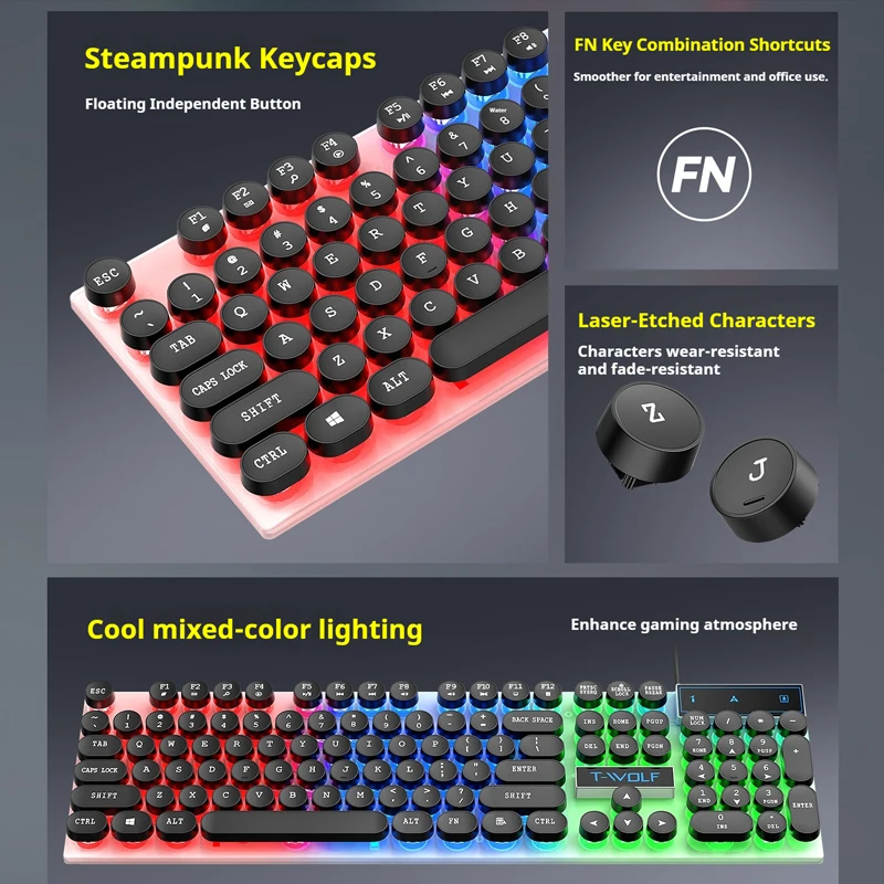 T11T-WOLF Gaming Keyboard 104 Keys Full Size USB Wired Mechanical Feel Rainbow Backlight Round Keycaps for PC Desktop Laptop