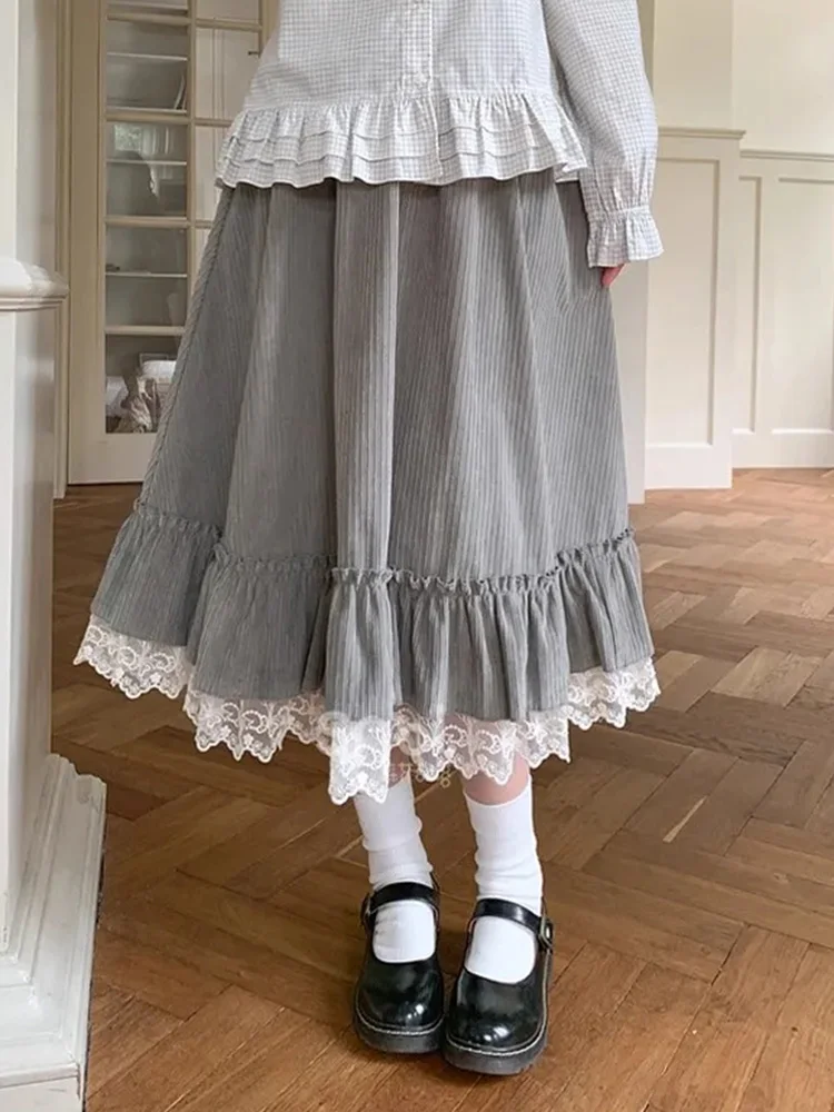 Spring Sweet Cute Long Skirt Women Vintage Preppy Style Lace Patchwork Kawaii Skirts Japan Retro Casual Lady Elegant Long Skirts