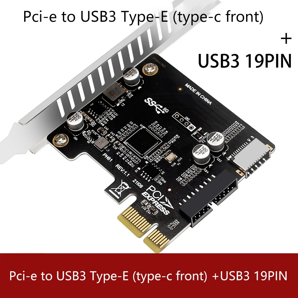 AB20-Pci Express Card Pcie to USB3 Type-E Front Type-C 19P Expansion Card Compatible Pci-E X1 X4 X8 X16 Interface