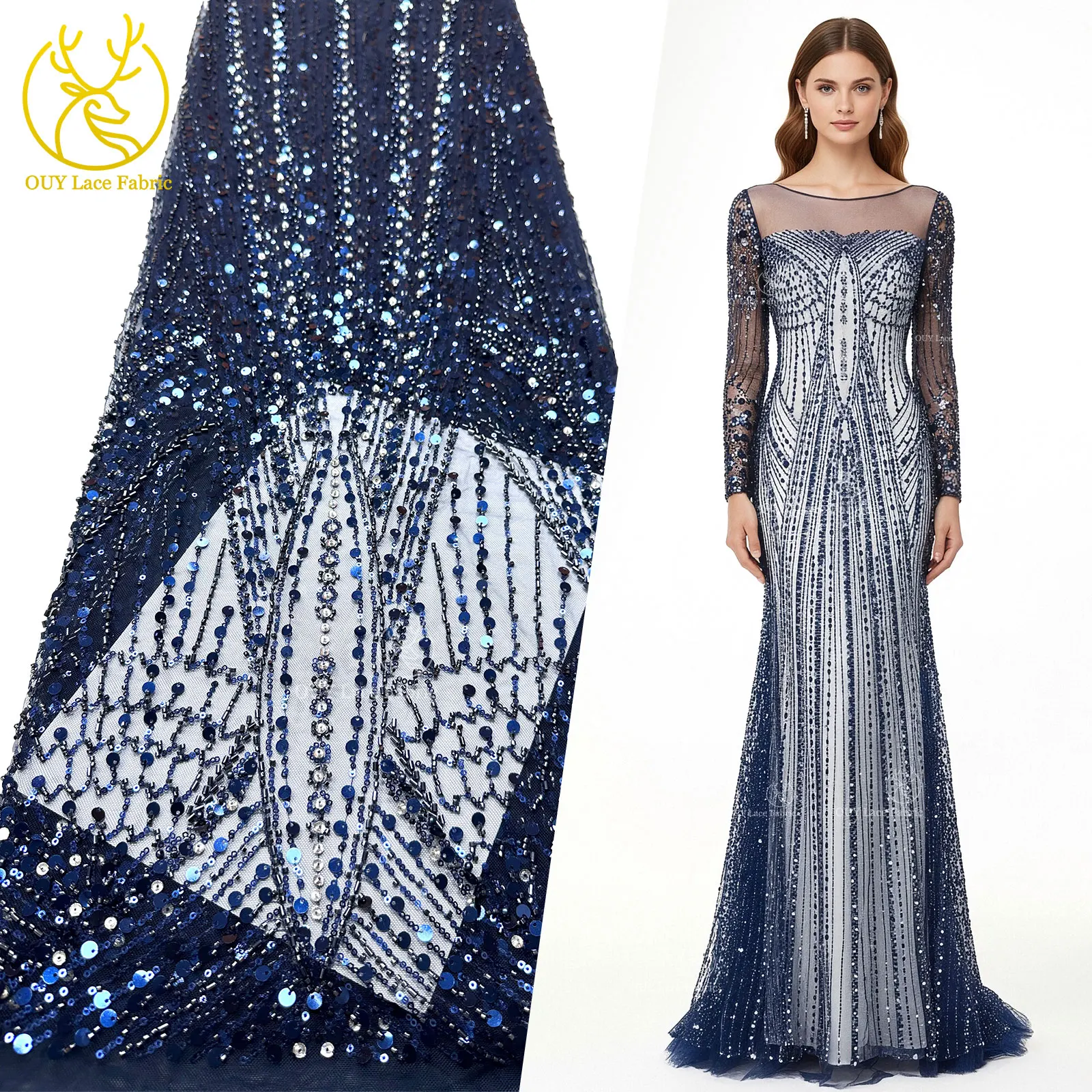

New French Mesh Beaded Lace Fabric 2025 Deep Blue African Nigerian Sequined Tulle Lace Fabric Wedding Gown & Evening Wear