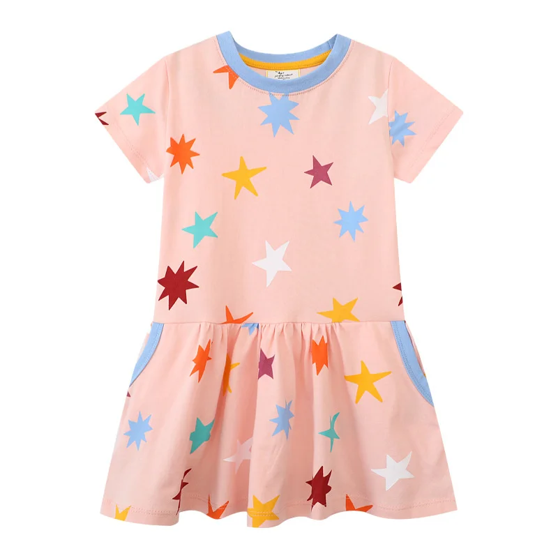 Jumping Meters 2-7T Stars Print Girls Dresses Cute Summer Short Sleeve Baby Clothes Birthday Children\'s Frocks Costume