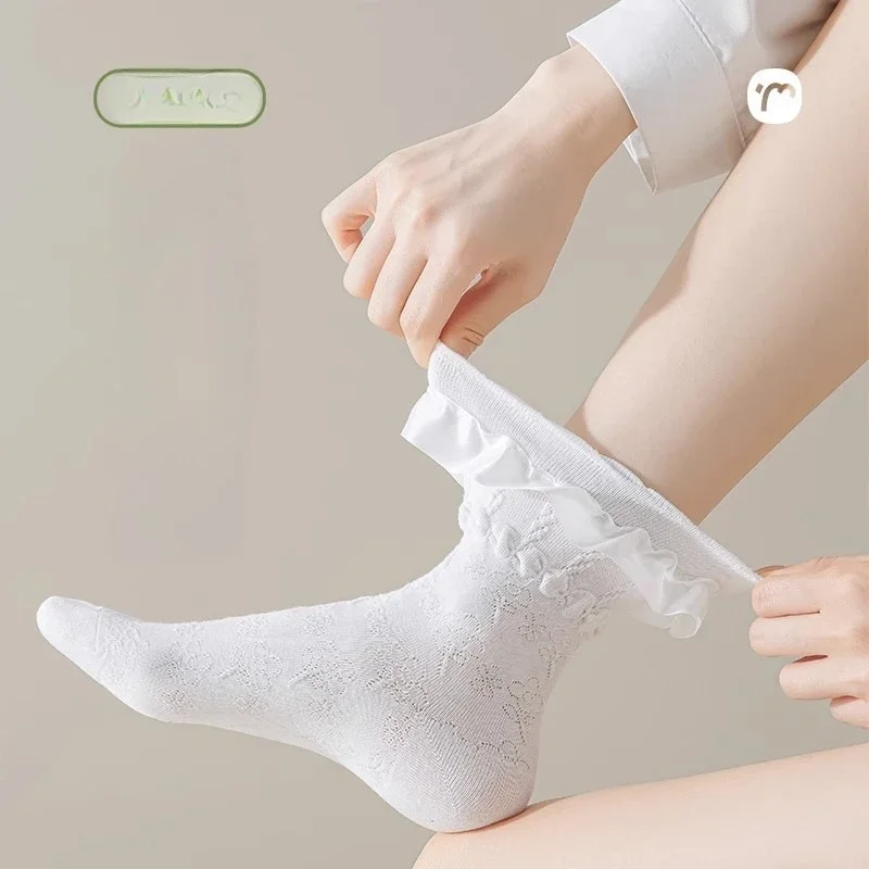 1 Pairs Women‘s Lace Trim Ruffle Socks Cotton Stacked Socks Mid Calf Black White Kawaii Vintage Princess Socks Spring Summer