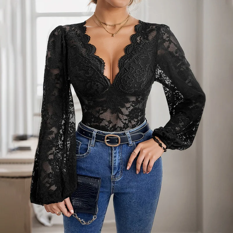 Frauen Elegante Spitze Mesh Body Langarm Enge Fit Overall Top Herbst Winter Sexy Einfarbig V-ausschnitt Schlank Shapewear Outfits