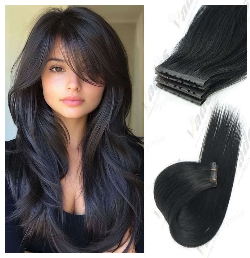 Trama Invisible, pestañas gemelas inyectadas, trama de piel de PU, cabello humano con agujeros, Micro cuentas, extensiones de cabello negro, 10 Uds., máquina Remy