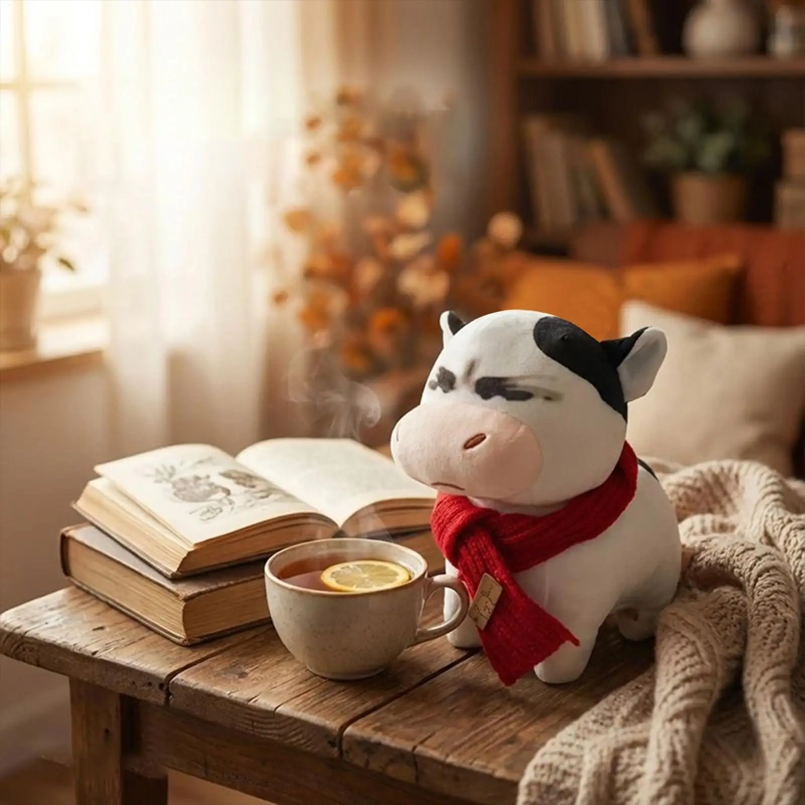 

Fun cow plush toy adorably cow abstract emoji plush toy Soft Cuddly plush pillow with scarf perfect for holidays and birthdays