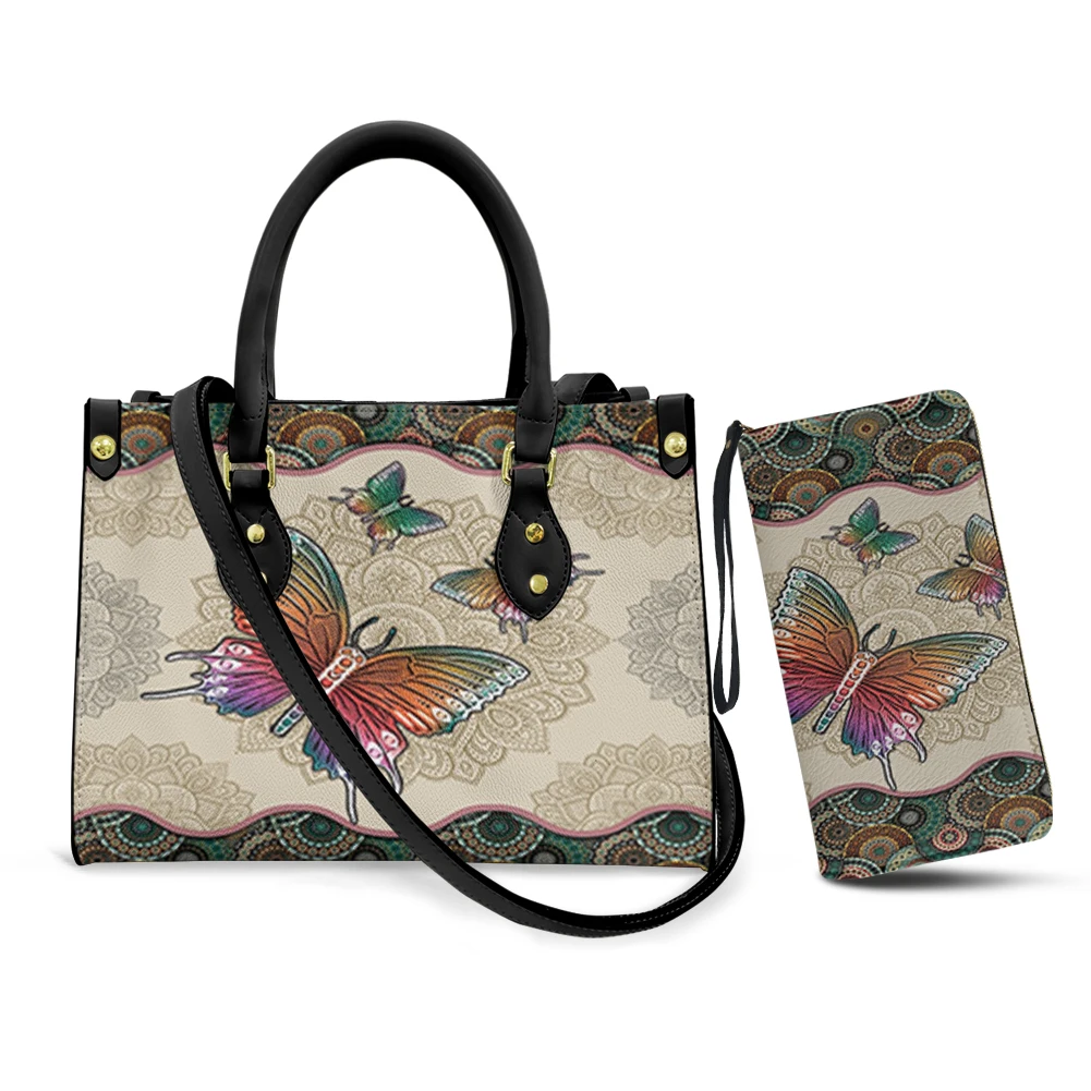 Belidome-Sacs à main et portefeuilles en cuir PU Mandala Butterfly Designer, sacs fourre-tout de luxe, sac initié, poignée supérieure, ensemble de sacs à main cartable