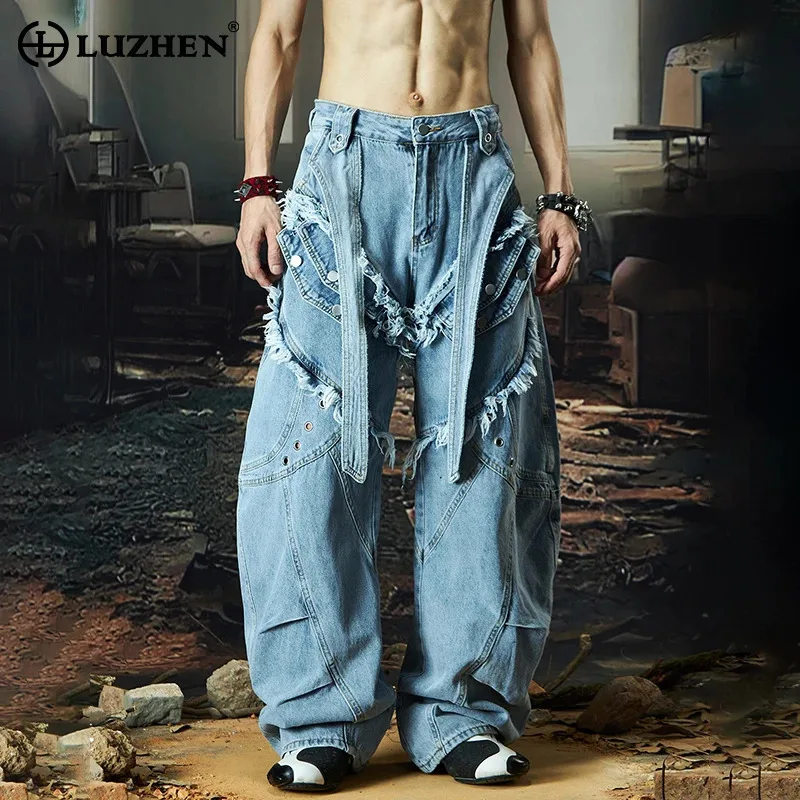 

LUZHEN Fashion Original Ribbon Decorate Patchwork Design Burr Loose Denim Pants Men's 2025 New Solid Color Washed Jeans JY2331
