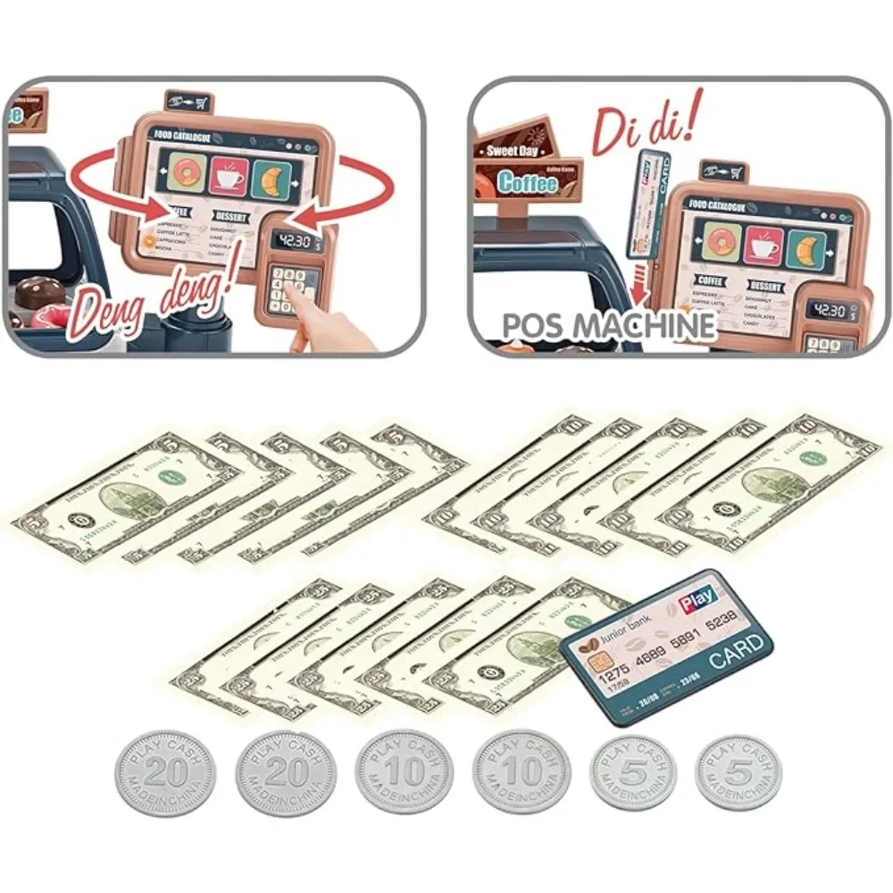 لعبة تسجيل المدفوعات النقدية للأطفال متجر اللعب التظاهري مع أضواء الموسيقى الآيس كريم الحلوى Playset ماكينة القهوة مجموعة المطبخ للأطفال الصغار