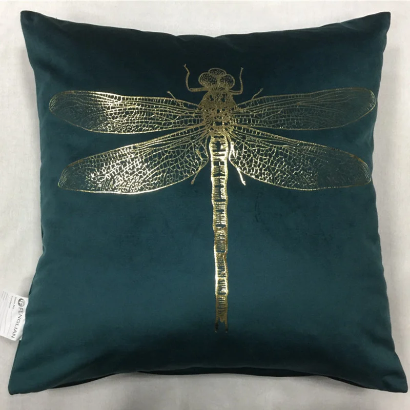 Hot Selling Insect Dragonfly Foil Printing Velvet Garden Cushion Cover Gold Stamping Throw Pillowcase Chair Cushion Cover