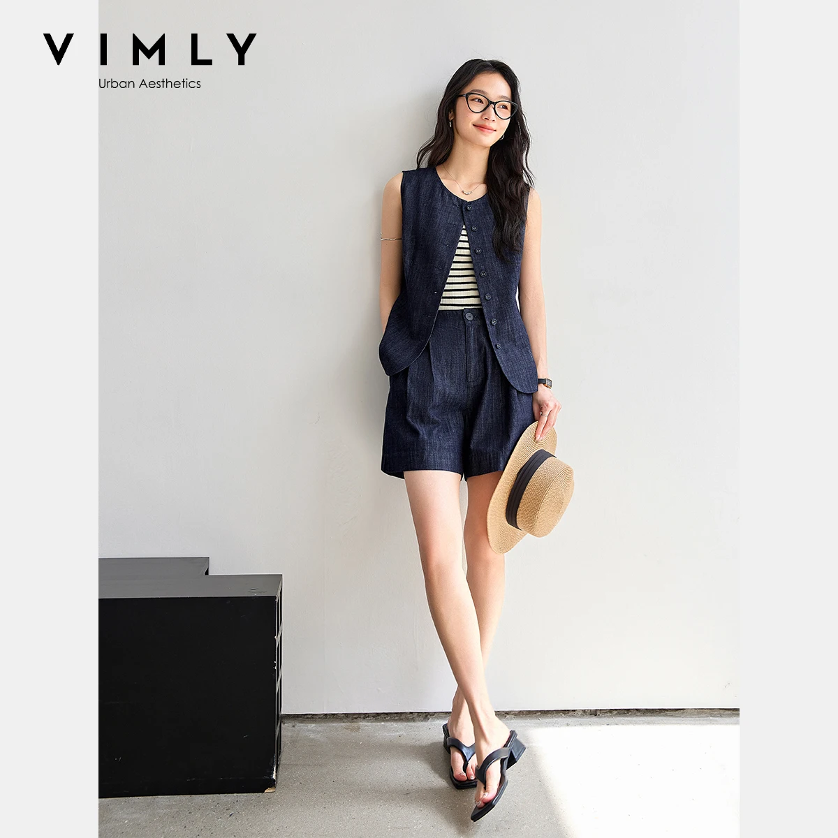 

VIMLY 2 Pieces Denim Shorts Sets Woman Outfits 2025 Summer Women's Suit 100% Cotton Denim Waistcoat + Elastic Waist Shorts M9767