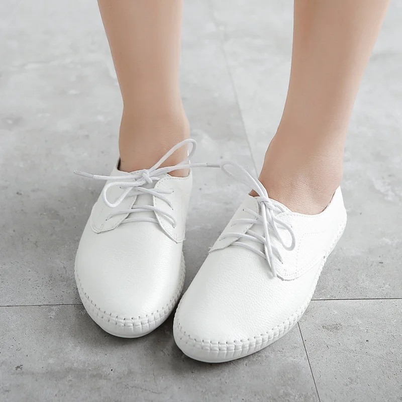 2021 Spring Women Ballet Flats Oxford Flat Shoes Soft Leather Shoes Ladies Lace Up White Black Loafers Flats Boat Shoes rty67