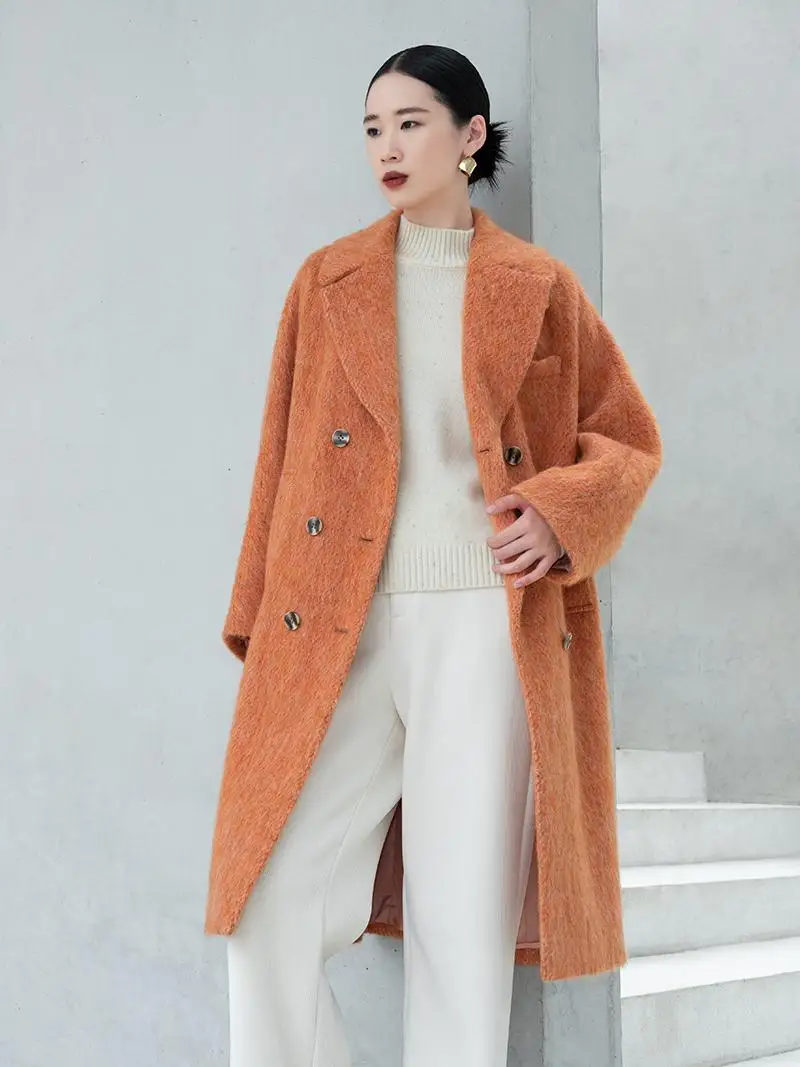 

Warm Orange Women's Woolen Coat Loose Trench Coat Faionable Collar Straight Fit Commute Sle Polyester Long Sve