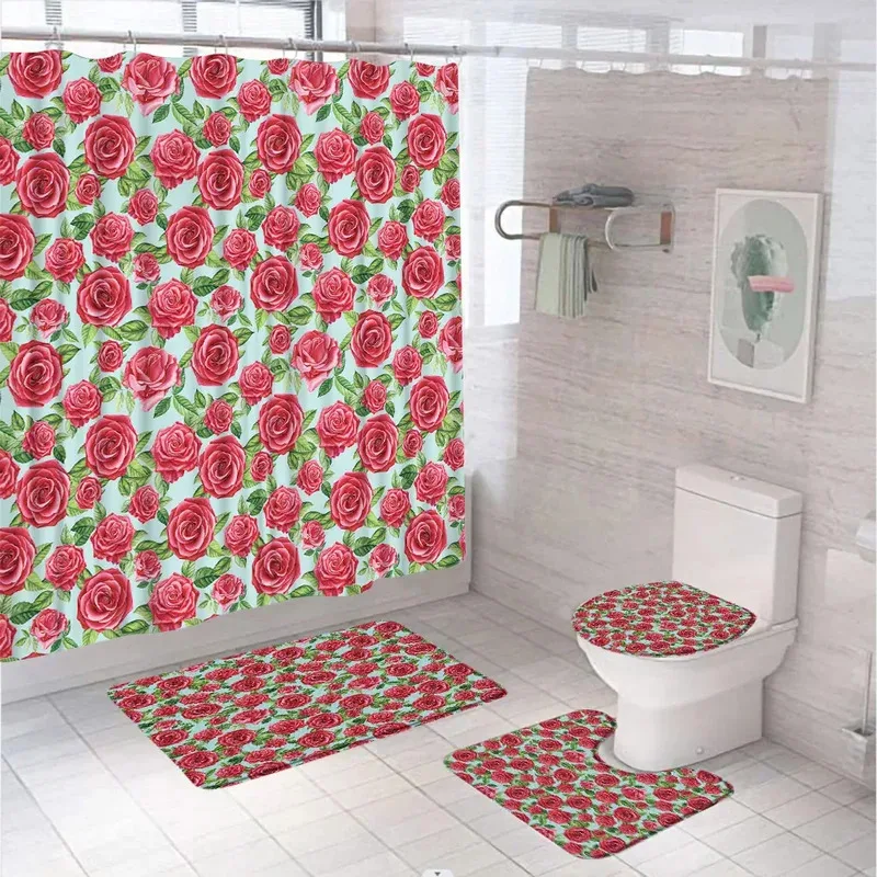 

HKL22Red Rose Flower Shower Curtain Set Non-Slip Rug Toilet Lid Cover Bath Mat Waterproof Polyester Fabric Bathroom Curtains3Lh!