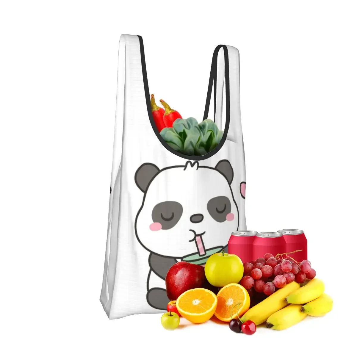 Cute Little Panda Enjoying Boba T Shopping Bag Portable Tote Bags Foldable Shoulder Shopper Bag Groceries Handbag