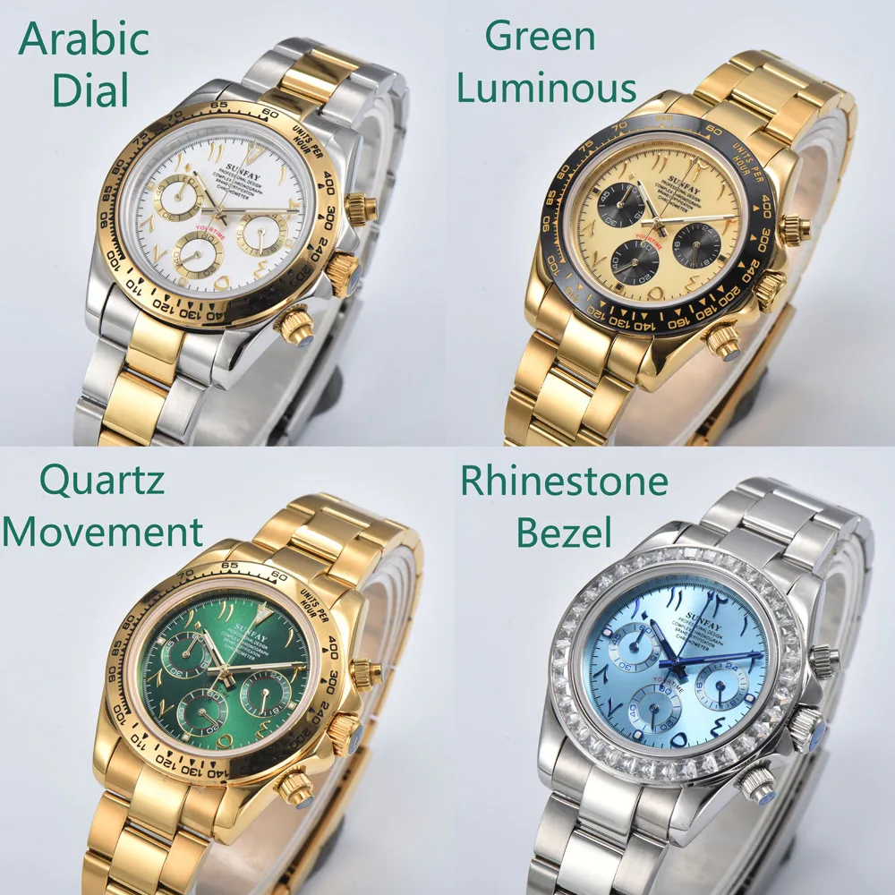 

39mm high-end luxury VK63 quartz wristwatches for men with three eyes panda type Arabic VK63 dial Japanese VK63 quartz movement
