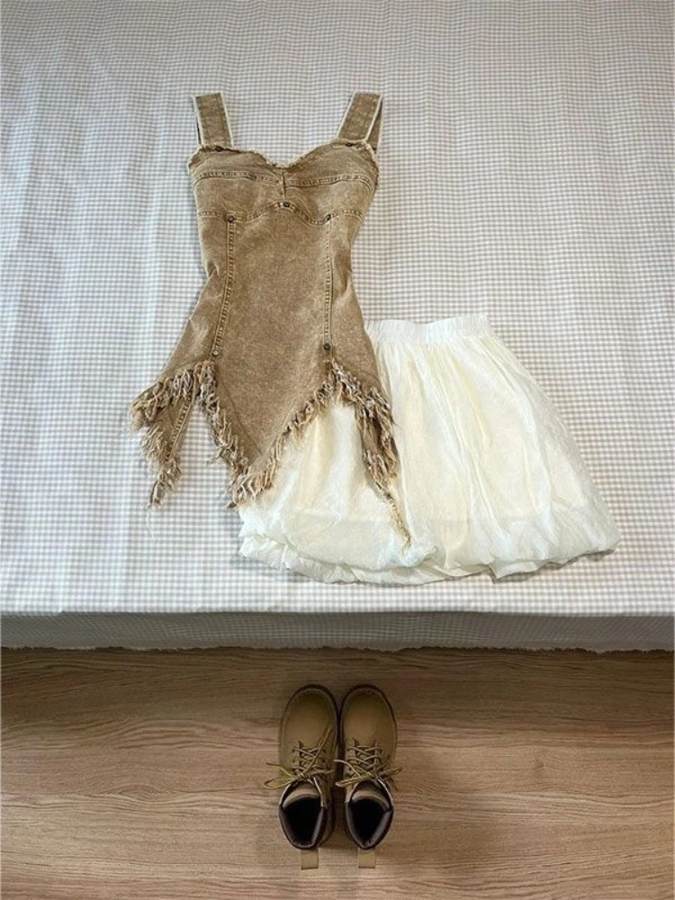 American Vintage Slim Sexy 2 Piece Skirt Sets Y2k 2000s Asymmetrical Denim Vest + Sweet Elegant Mini Skirts Subculture Suits