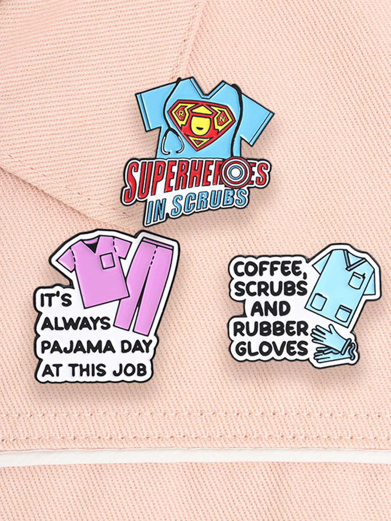 3 Medical Humor Porcelain Pins, Mini Pajamas, Work Clothes, Lotion, Rubber Gloves, Superhero Quotes, Daily Wear Items for Nurses and Doctors