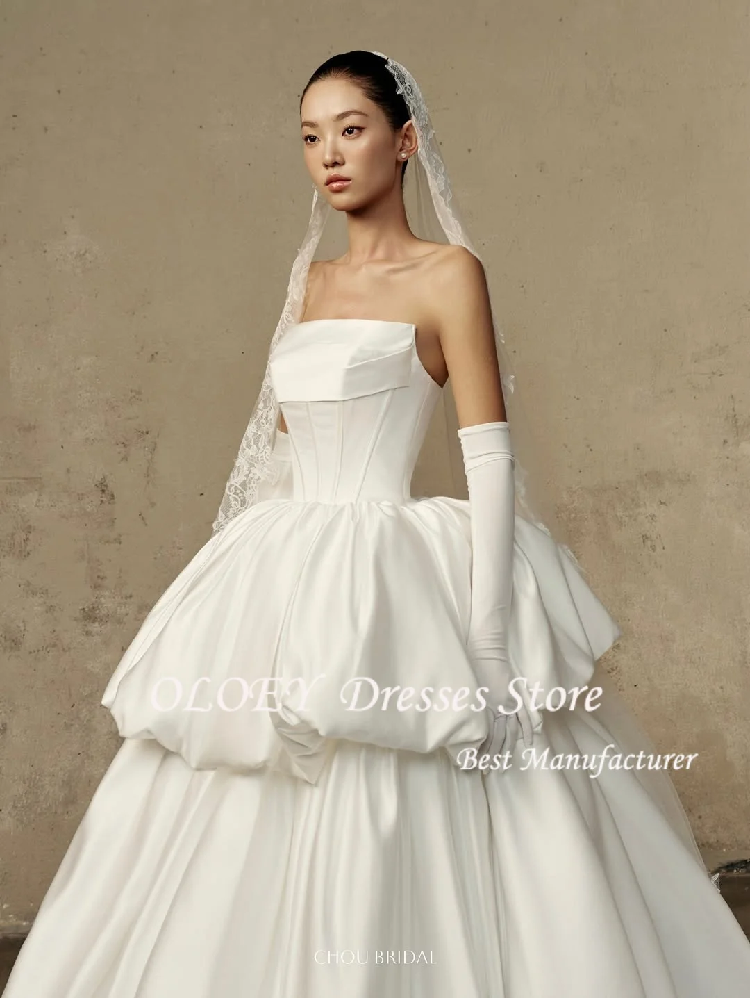 OLOEY カスタムメイド ストラップレス 韓国風 ウェディングドレス 写真撮影用 Aライン サテン バックレス フロア丈 ブライダルガウン 웨딩드레스