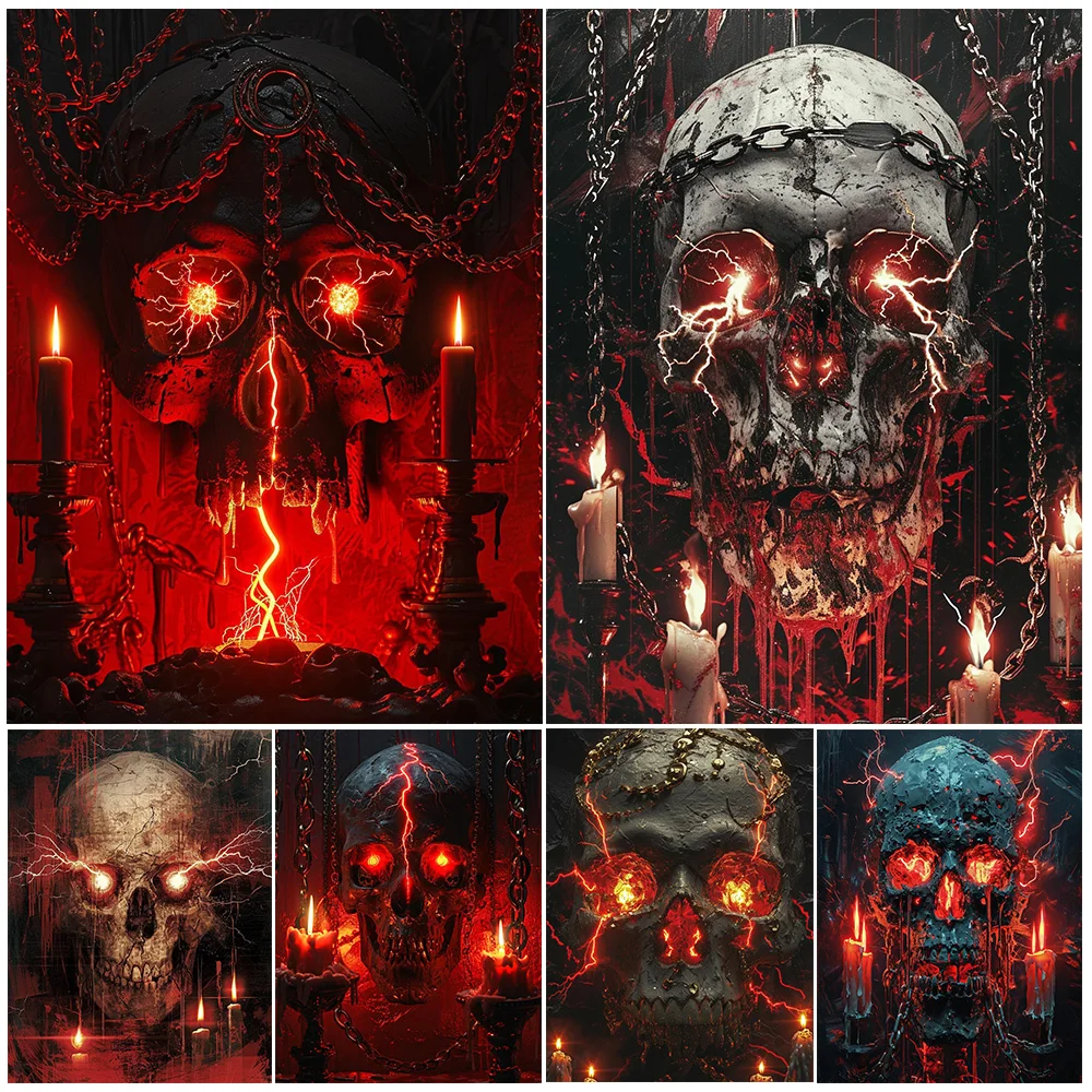 Creepy Skulls And Lightning Gothic Wall Art Canvas Painting Sureal Fantasy Pagan Witchcraft Art Poster Print Home Decor Unframed