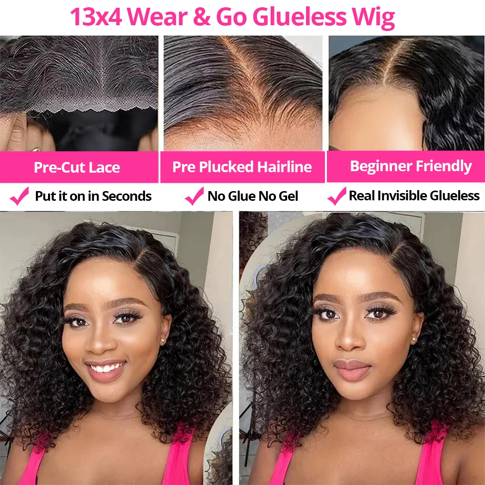 CEXXY Glueless Wigs Deep Wave 13x4 Short Bob Lace Frontal Wig Human Hair HD Transparent 200% Kinky Curly Frontal Wig For Women