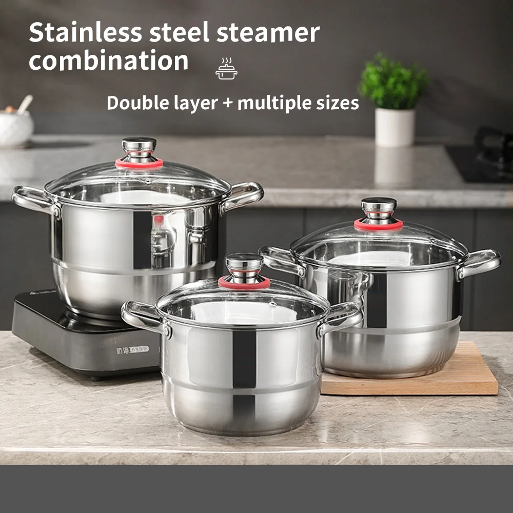 

Stainless steel cookware combination - sturdy and thickened design, including a pot body, 3 glass lids, and 3 steaming slices