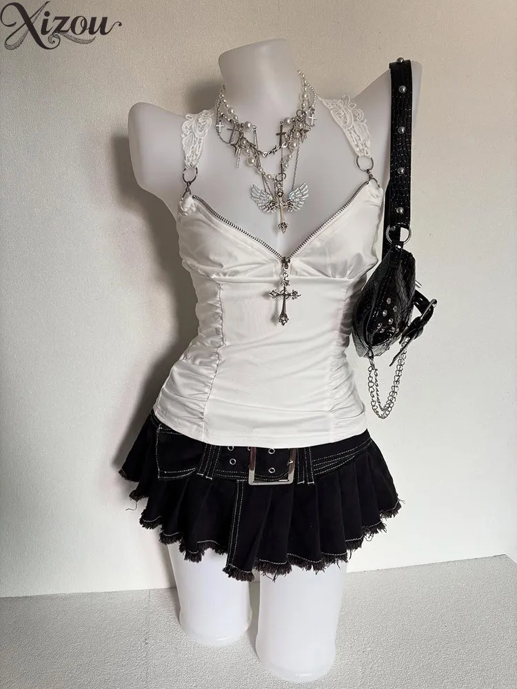 Dark Lace Halter Neck Camisole Women Y2K Gothic Punk Grunge Black Sexy Slim Crop Top Lace Zip Up V-neck Sling Vest Vintage Tops