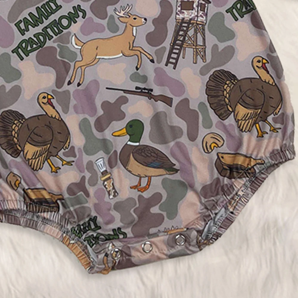 男の子用 ブラウン 迷彩柄 ターキー ダック ハンティング ロンパース 長袖 ベビー服 男の子用 秋冬シーズンに最適