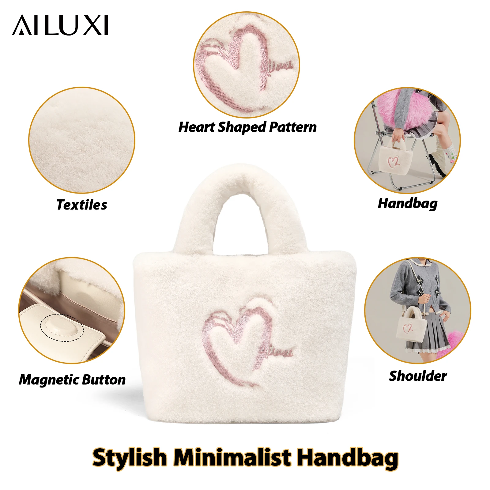 AILUXI Women Handbag Cute White Plush Large Capacity Tote Bag for Cosmetic Storage One Shoulder Crossbody Small Bag Female