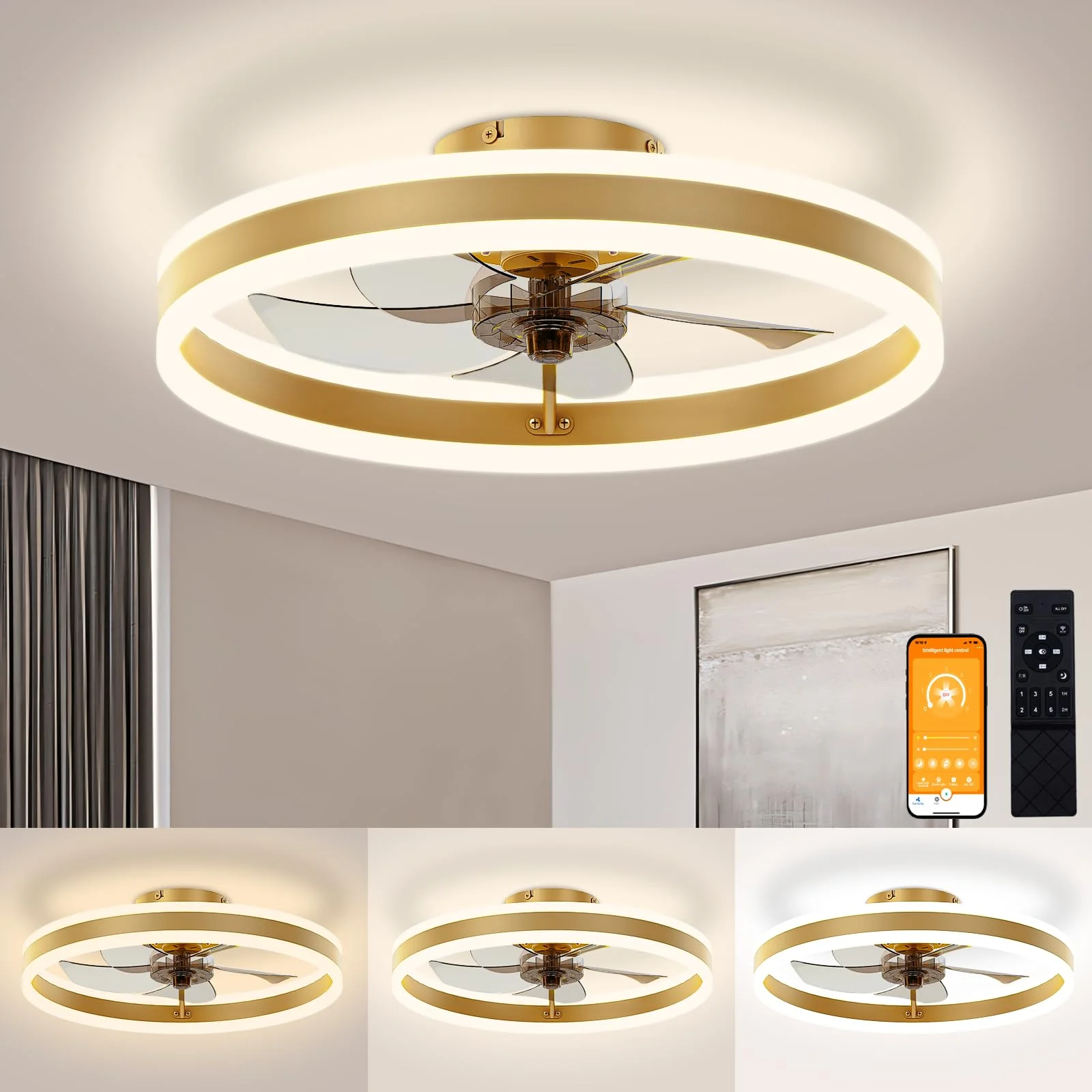 

19.7" Modern Low Profile Ceiling Fans with Lights and Remote Control, LED Ceiling Fans, Dimmable 3 Colors and 6 Speeds - Gold