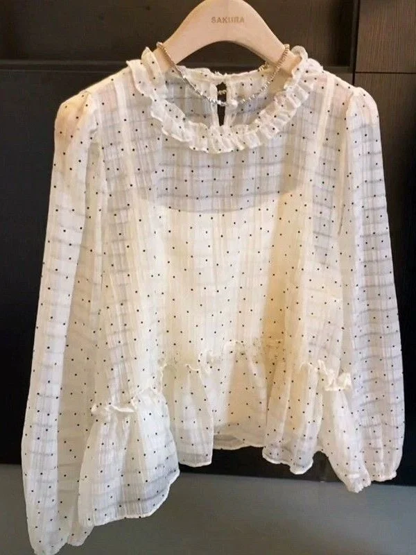 Daisy Pattern Polka Dot Gentle Style Women's Shirt Two-Piece Set Wooden Bells Early Autumn Collection Soft Fabric Long S...