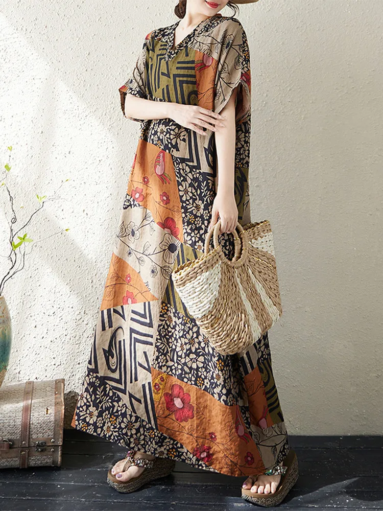 

Loose Cotton Linen Dress Ethnic Print Casual Summer Long Skirt for Women Home Leisure Stroll Travel Beach City Walk
