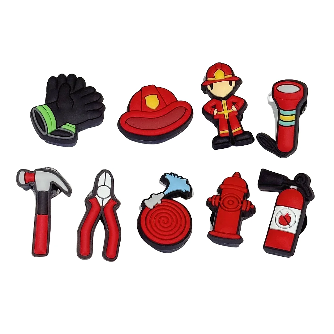 1/9Pcs Fireman Helmet Hammer PVC Shoes Buckle Charms Fire Hydrant Kids Clog Designer Accessories DIY Bracelet view 4