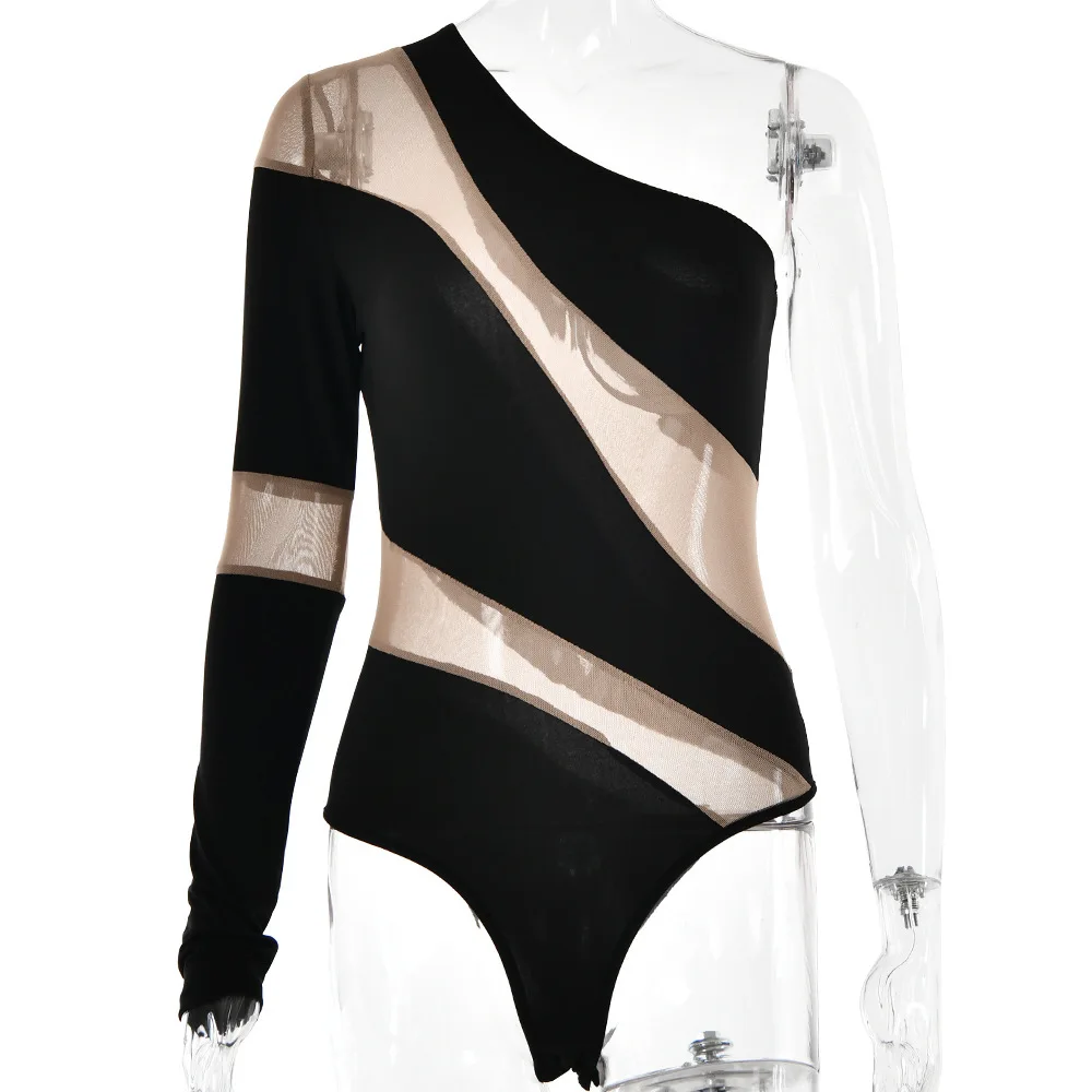 ชุดกระชับสัดส่วนแขนยาวยืดหยุ่นสูงสำหรับผู้หญิง แฟชั่นขายดี เซ็กซี่ สาวฮอต ตัดต่อผ้าซีทรูรัดรูป บอดี้สูท ฤดูใบไม้ร่วง