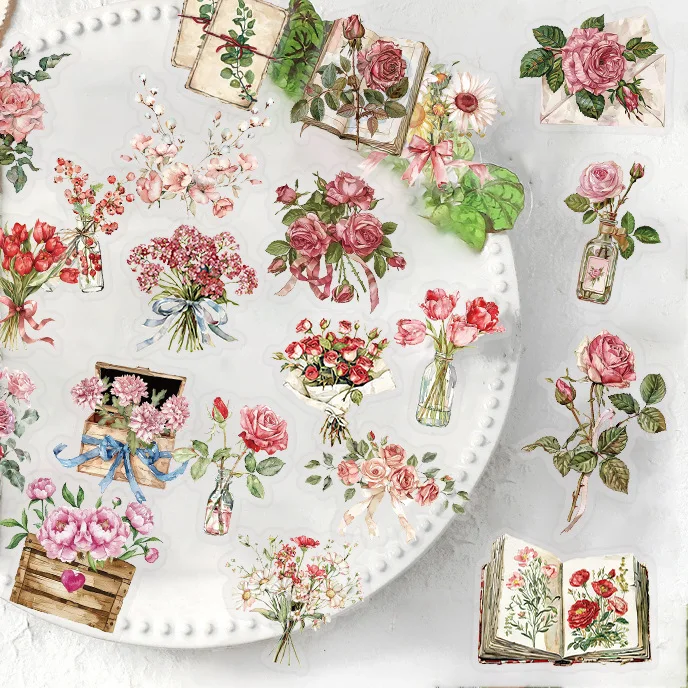 50pcs Transparent Vintage Floral Stickers Guitar Notebook Booklet Letter Rose Flower Stickers Kids Student Scrapbooking Supplies