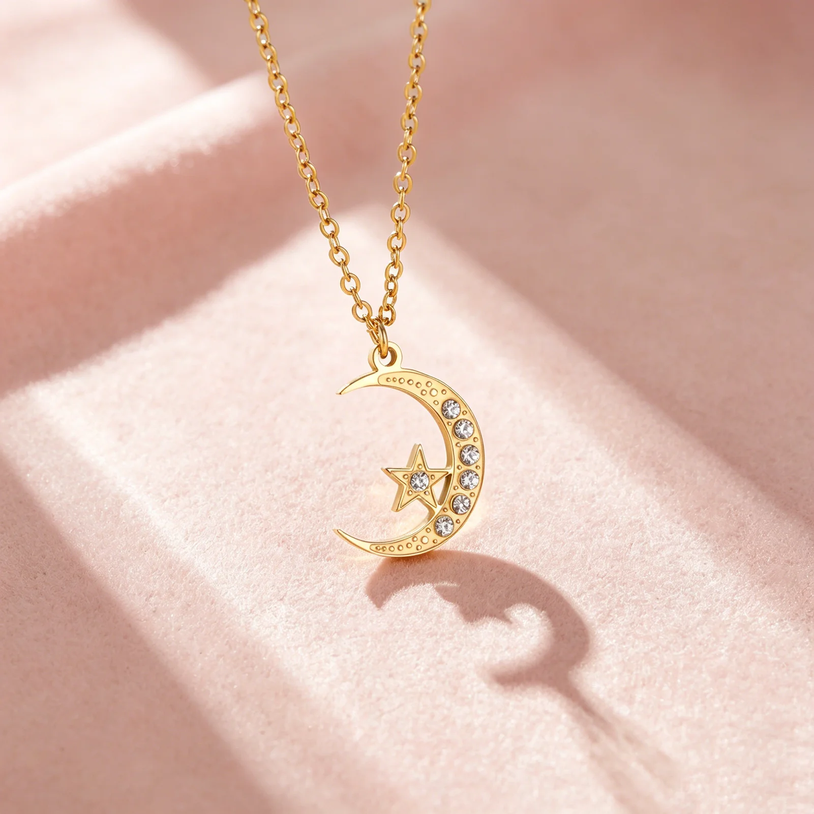 CoolTime Crescent Moon And Star Necklace For Women Cubic Zirconia Pave CZ Celestial Pendant Dainty Chain Jewelry Gift Daily Wear