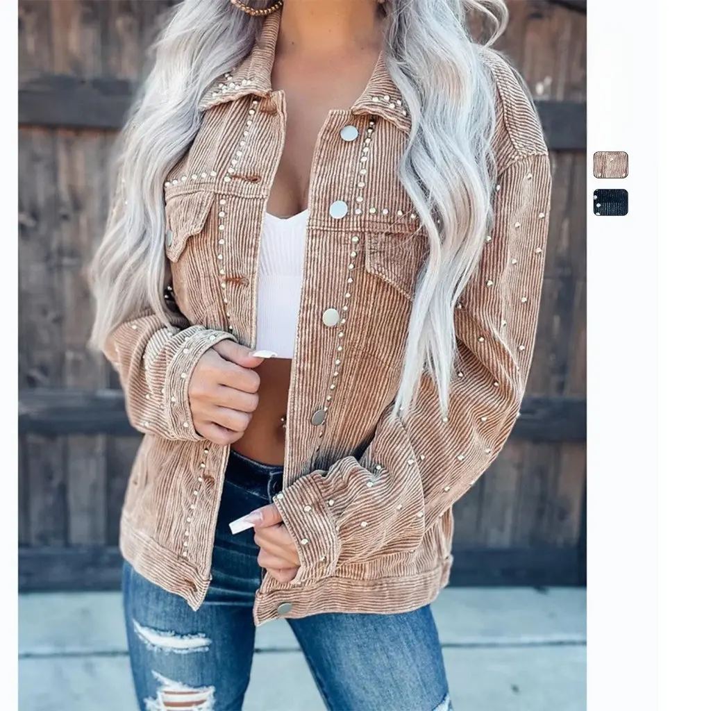 

European And American Style Early Autumn Casual Fashion Corduroy Jacket with Rivets Long-Sleeved Women's Top