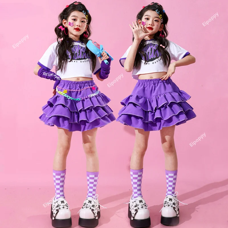 

Girls Lovely Streetwear Children Hip Hop Crop Top Purple Cargo Pants Tiered Skirts Clothes Sets Kids Street Dance Jazz Costumes